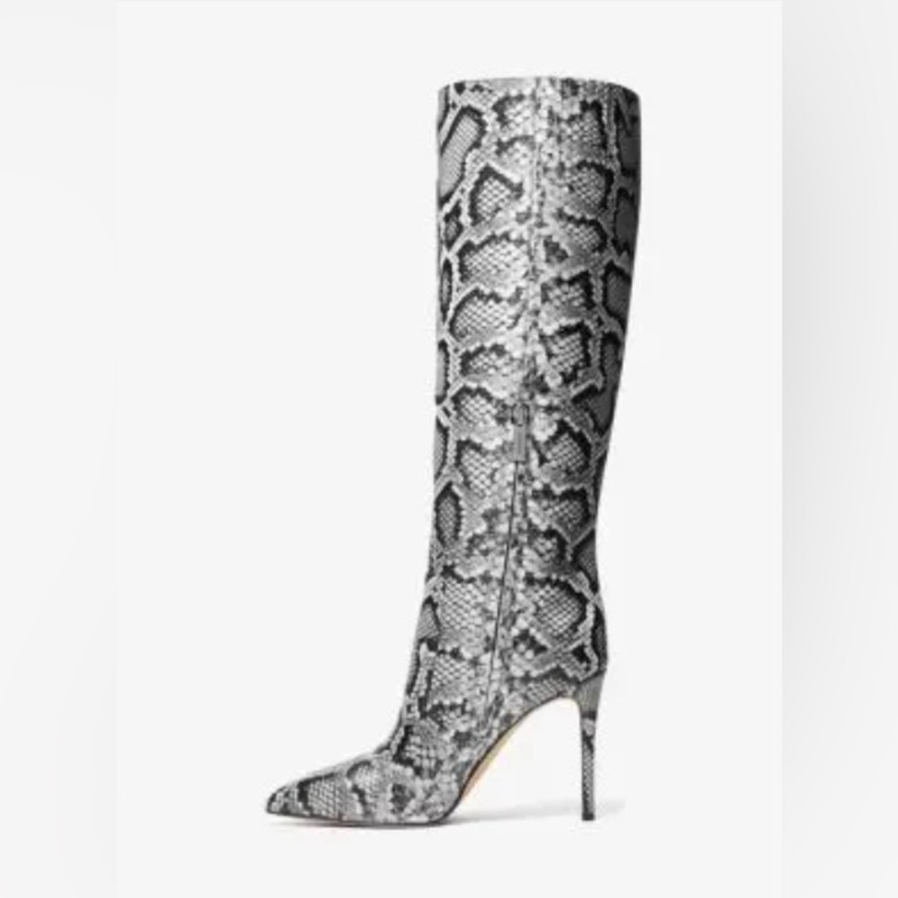 MK Women's Leather Snake Embossed Rue Stiletto Knee Boots Black Size:6M - Picture 2 of 3